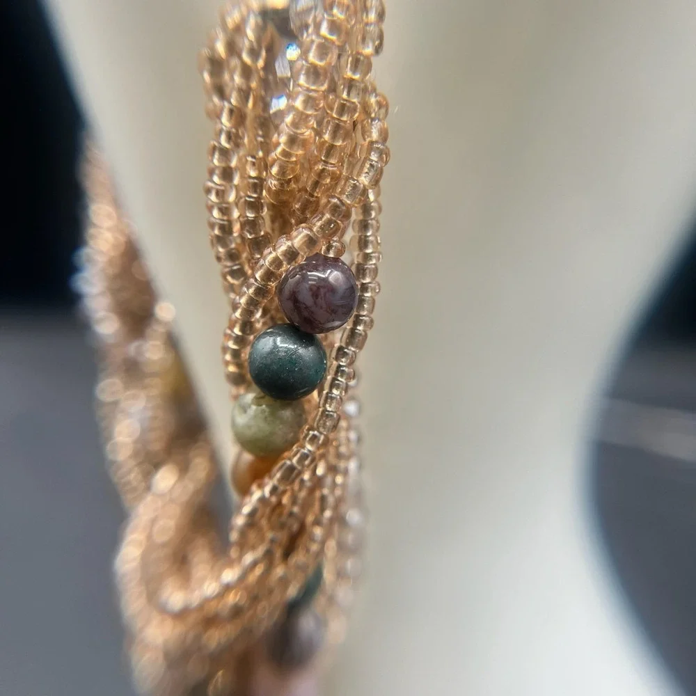 Vintage Y2K Multi-Strand Agate Natural Stone Bracelet Seed Beads Boho‎ Statement